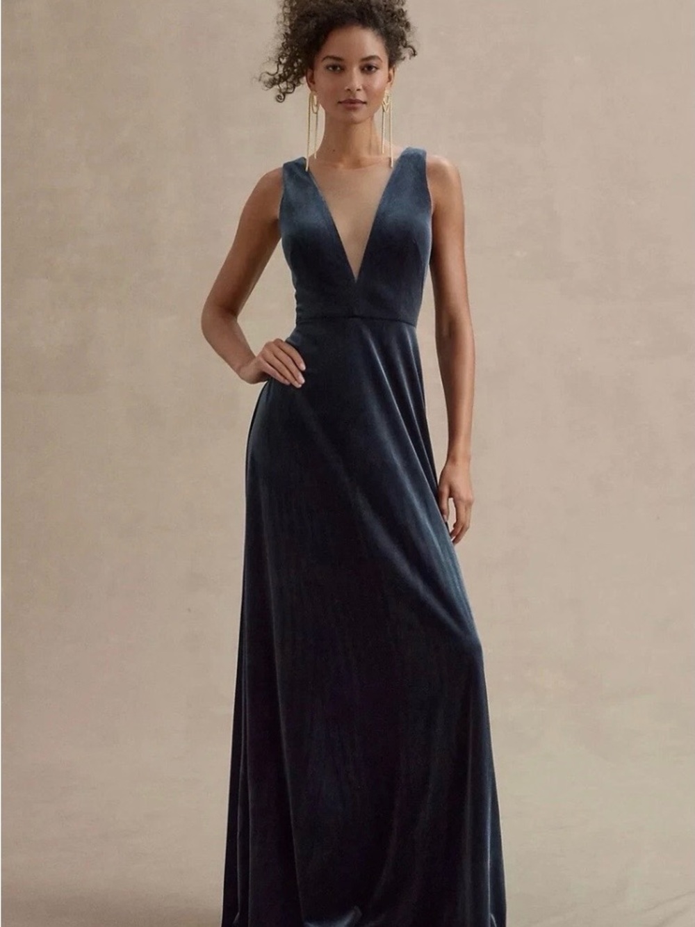 Jenny Yoo Dress V-Neck Navy Velvet Evening Gown 12 - Picture 2 of 15
